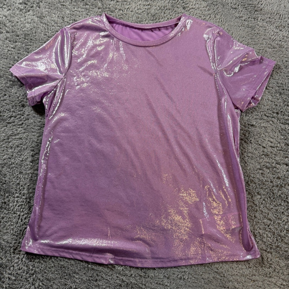 Shein Metallic T-Shirt Size Medium Purple Short Sleeve Shimmer Crew Neck Top